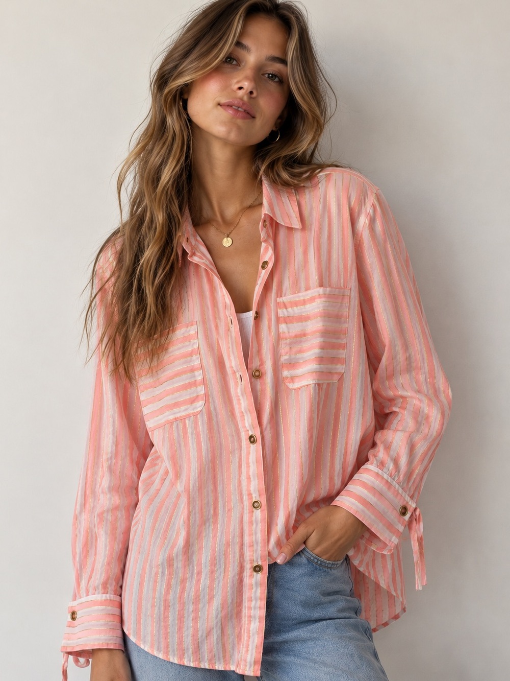 Michael Kors Pink Striped Metallic Gold Cotton Button Down Shirt Top L